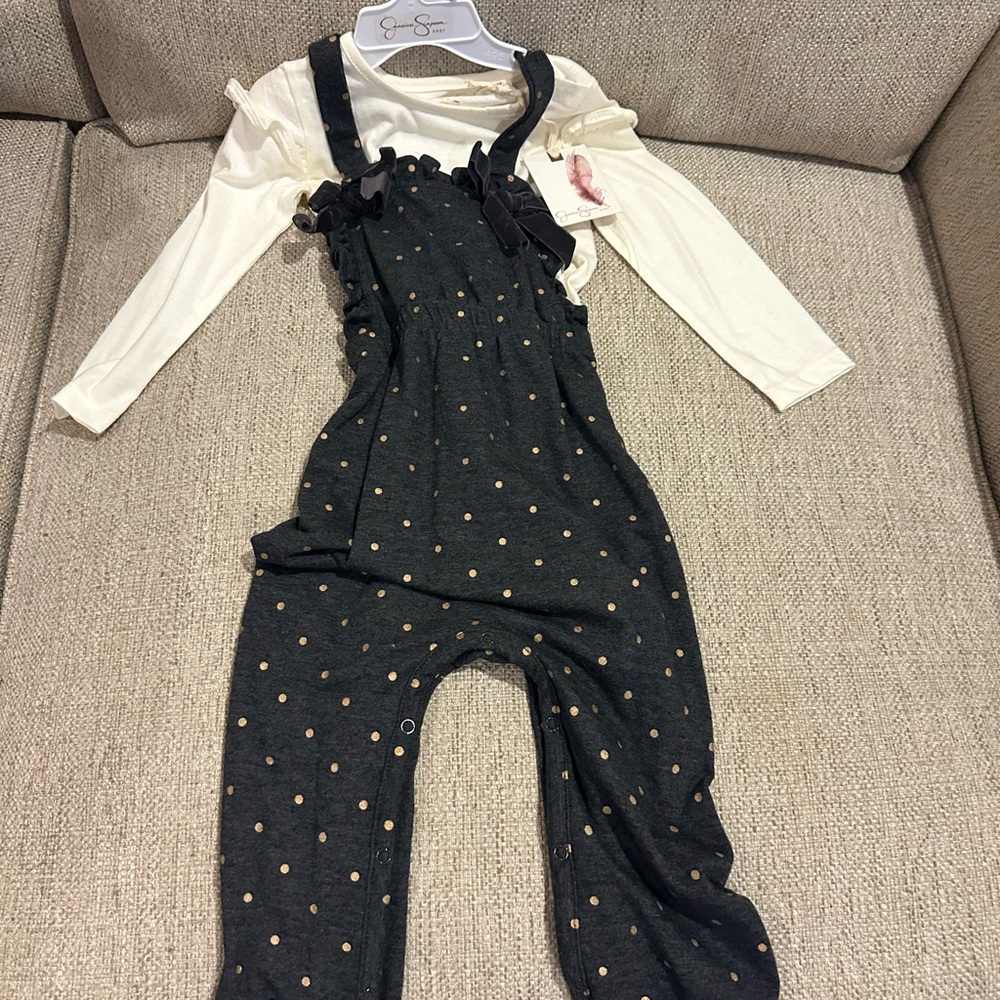 Jessica Simpson Black and Gold Polka Dot Overalls
